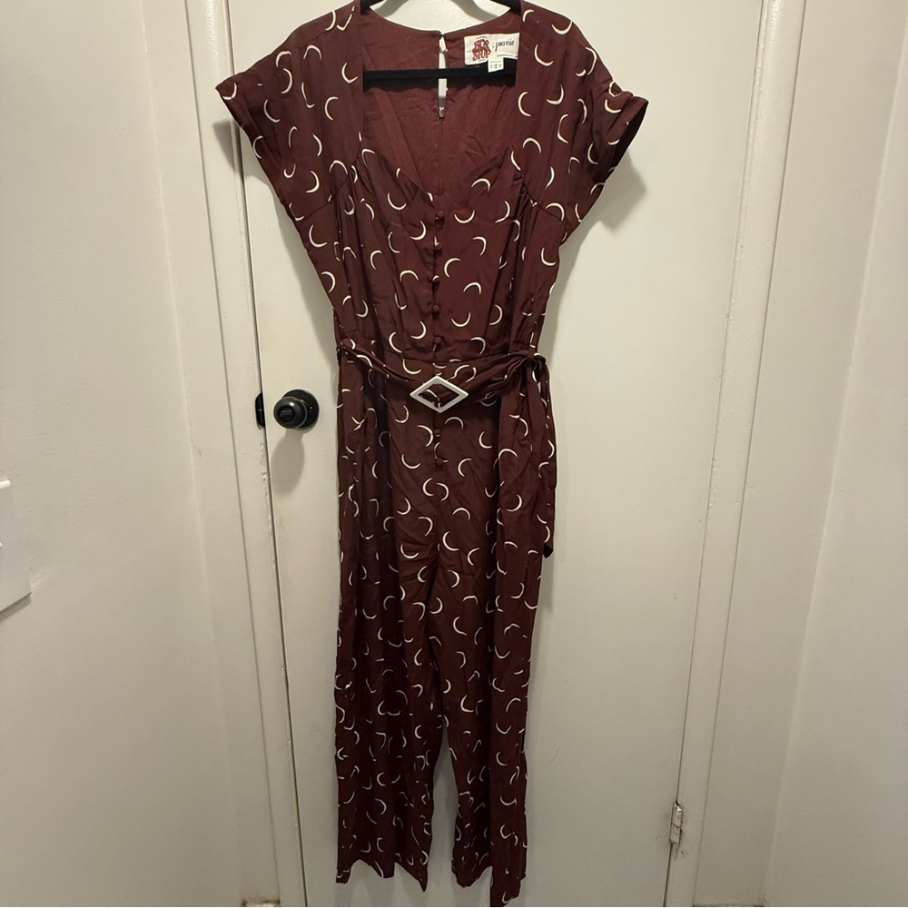 Bus Stop x Joanie Burgundy Retro Crescent Moon Patterned Wide Leg Jumpsuit